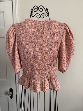 Wayf Pink Floral Smocked Peplum Blouse